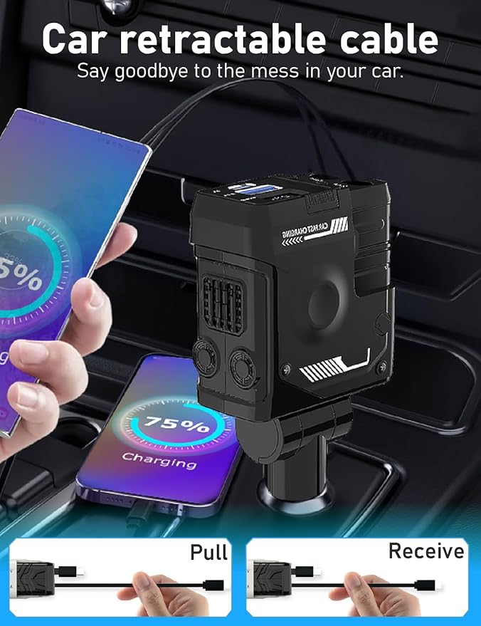Retractable Car Charger, 4-in-1 Quick Charger with 2 Retractable Cables and USB Port, Travel Essentials Gifts for Women Men, Car Accessory for Phones/Tablets/Airpods/Car Recorders, 31.5 inch (Black)