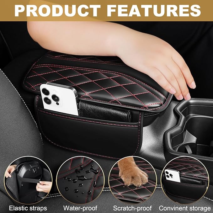 Center Console Cover Fit for Camry Scratch & Wear Resistant Waterproof Middle Console Cover with 2 Storage Bags(Black&Redline)