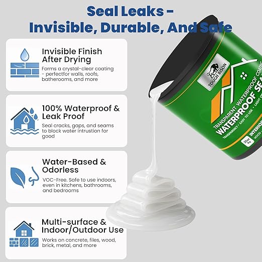 Clear Waterproof Sealant – Water-Based Transparent Waterproof Coating Acrylic Paste for Leakage for Roofs, Walls, Windows, Bathroom, Wood, Concrete, Tile, Metal, Indoor & Outdoor, Non-Toxic, 35oz, 1KG