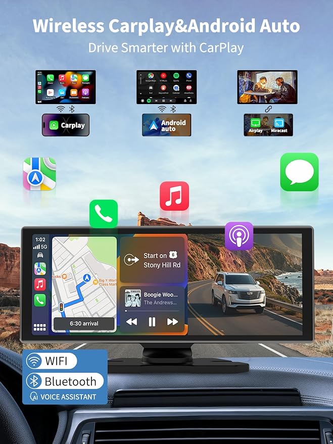 Largest Portable 11.26'' Wireless CarPlay/Android Auto Screen with 2.5D 1920x720 HD Display, Built-in DVR, 4K Front + 1080P Rear Camera, Car Screen,Easy Install Dash Cam,GPS Navigation,Voice Control