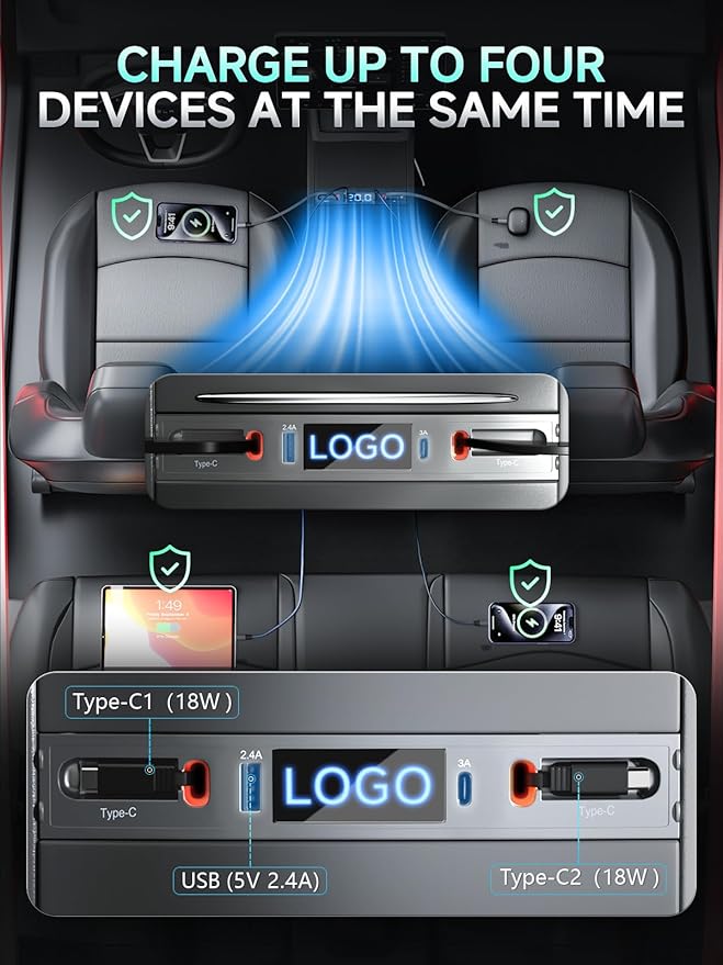 Qoope 2 Type-C USB Hub for Tesla Model 3 Model Y Accessories 2024 2023 2022 2021 Tesla Car USB Charger Multi Port with Fast Charger Retractable Cable Docking Station (Not Fit Model 3 2024)