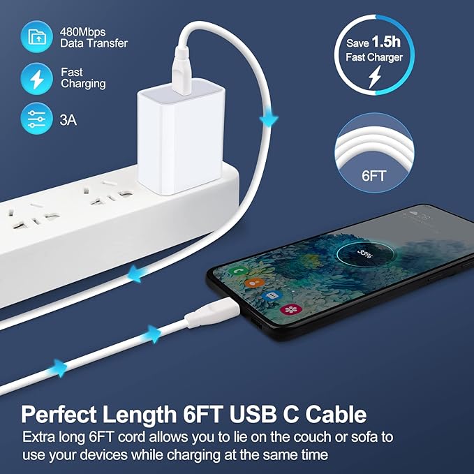 20W USB C Fast Samsung Charger Block 6FT Android Phone Cord for Samsung Galaxy A17 A16 5G A54 A14 A15 S26 S25 A03s S24 S23 A23 S21FE S22 Ultra A13 A53 A32 S20,Wall Plug Box,Type C to C Charging Cable