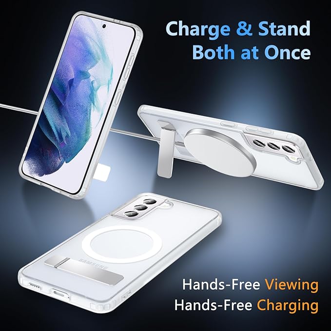 OWKEY for Samsung Galaxy S21 Case with Stand, Magnetic Shockproof Case Fit for Magsafe Translucent Matte Cover for Samsung S21, White