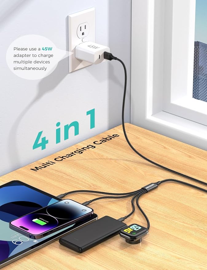 Amasuki Travel Essentials,4 in 1 for Apple Watch Charger/iPhone Charger/Multi Charging Cable,Vacation RV Camping Essentials,USB C/L/Micro Portable Charger for iWatch 11-1/iPhone 17-12,Car&Gift-Black