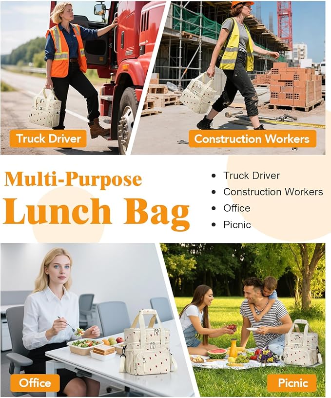 Insulated Lunch Bag for Men & Women, Double Leakproof Lunch Box Soft Cooler Tote with 5 Pockets, 600D Oxford, EVA Lining, Adjustable Strap for Work, Picnic- Corduroy Cue Strawberry