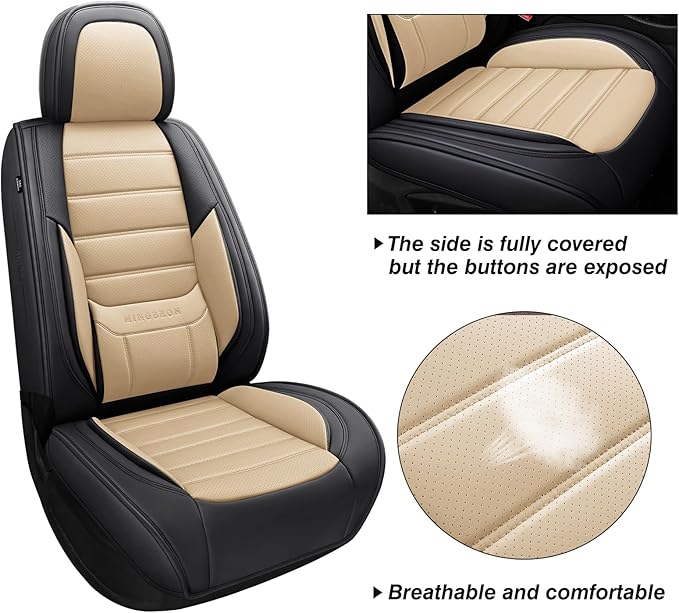 Car Seat Covers Full Set, Brown Car Seat Cover Lumbar Support, Car Seat Protector Waterproof, Nappa Leather Car Seat Cushion, Front Seats and Back Fit for Most Cars Beige