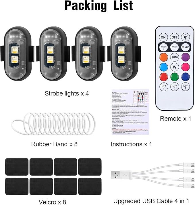 4PCS Wireless LED Strobe Lights with Remote Control, 8 Colors Rechargeable Led Lights Anti-Collision LED Emergency Warning Lights for Car Motorcycle Bike Drone Aircraft