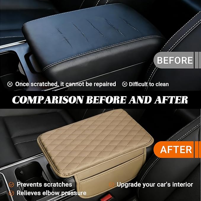 Car Center Console Cover, Upgraded Microfiber Car Armrest Cover Cushion, with 2 Storage Bags Scratch, Resistant Leather Cars Armrest Storage Box Universal Vehicles Accessories (Beige)