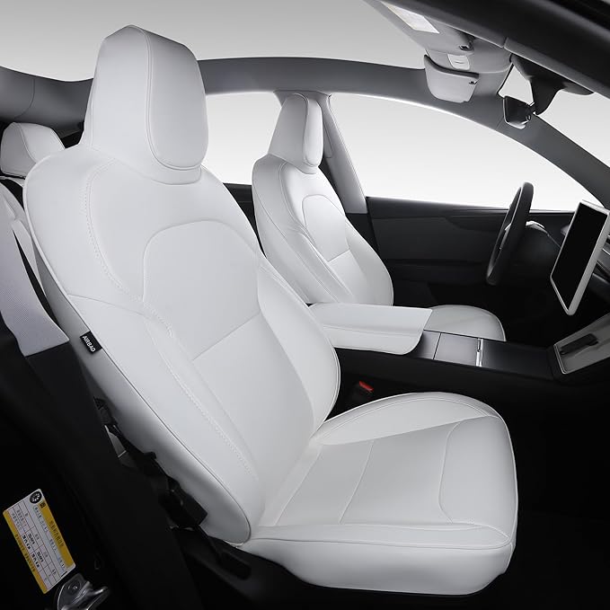 Custom Fit Seat Covers for 2025 2026 Tesla Model Y Juniper (5-Seater) - Ventilated Seats & Rear Screen Compatible - Nappa Leather Full Set Car Seat Protectors (White, Model Y 2025)