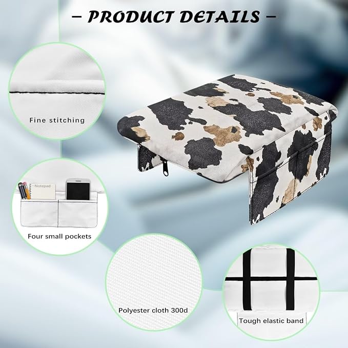 Tupalatus Cow Print Car Center Console Cover with 2 Storage Bags Auto Armrest Cover Protector Washable Car Accessories Decor Water-Resistant Universal Fit for SUV Truck Sedan Van