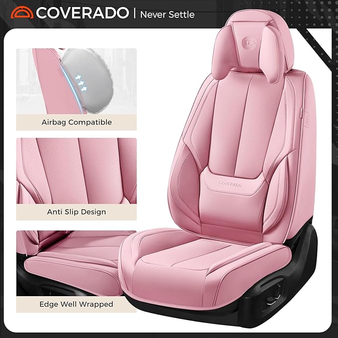 Coverado Seat Covers Full Set, 5 Seats Seat Covers for Cars, Waterproof Nappa Leather Car Seat Covers with Head Pillow, Seat Protectors Car Seat Cushion Universal Fit for Most Cars (Pink)