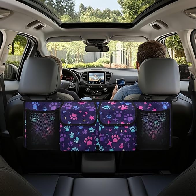 Hanging Car Trunk Organizer with 4 Pockets Dog Paw Print Stars Auto Back Seat Storage Bag Auto Interior Accessories for Sedans SUV MPV Trucks Jeep Pickup