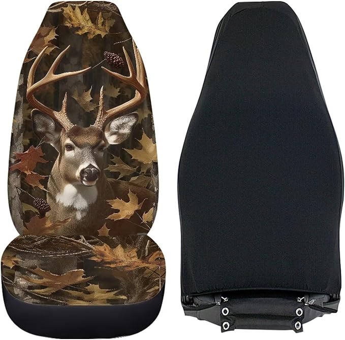 Camo Hunting Deer Car Seat Covers Set of 2 Breathable Front Seat Covers Stretch Polyester Fabric Cover Soft Front Seat Cover Universal Fit for Auto SUV