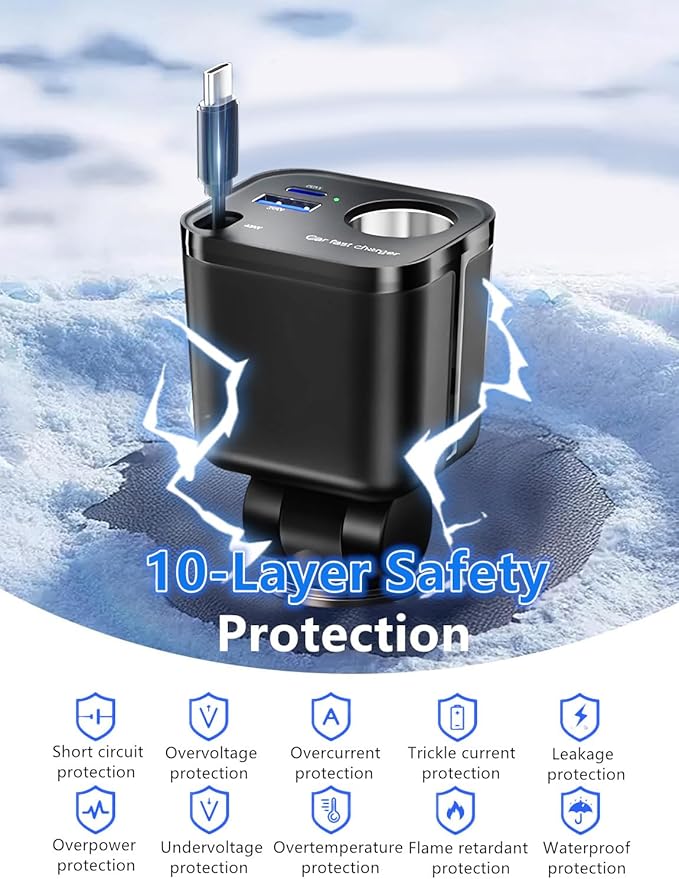 4 in 1 Retractable Car Charger, [60% Smaller] 145W USB C Cigarette Lighter Adapter, Socket Splitter with Retractable Cable&USB-C/A Port, 12V/24V Fast Charging Car Phone Charger for iPhone 17 Pro Max