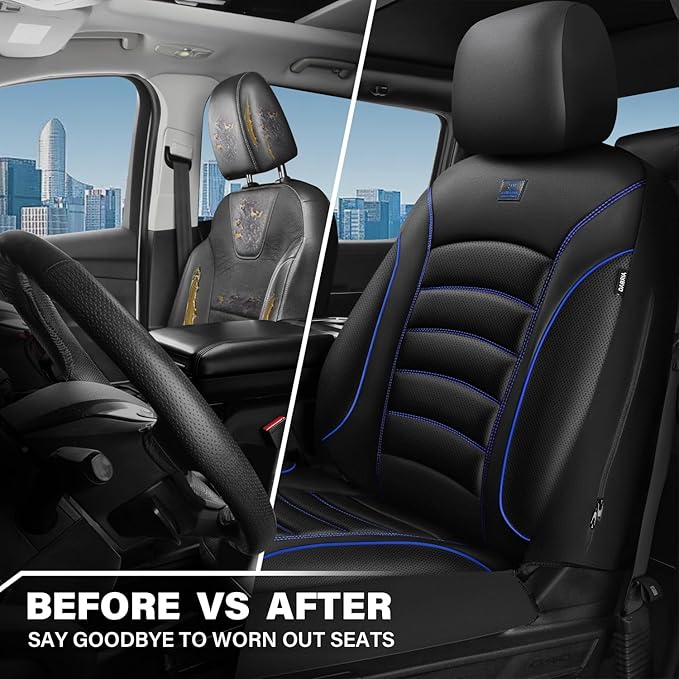CAR PASS 3D Foam PU Leather Car Seat Covers, Universal Seat Covers Front 2 for Trucks SUV Sedan Automotive Seat Covers Armrest Airbag Compatible Waterproof Comfortable Faux Nappa Leather Black Blue