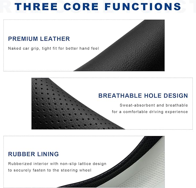 Car Steering Wheel Cover, Leather D-Shaped Steering Wheel Sleeve with Anti-Slip Lining, Breathable Flat Bottom Car Wheel Protector Interior Auto Accessories for Women Men
