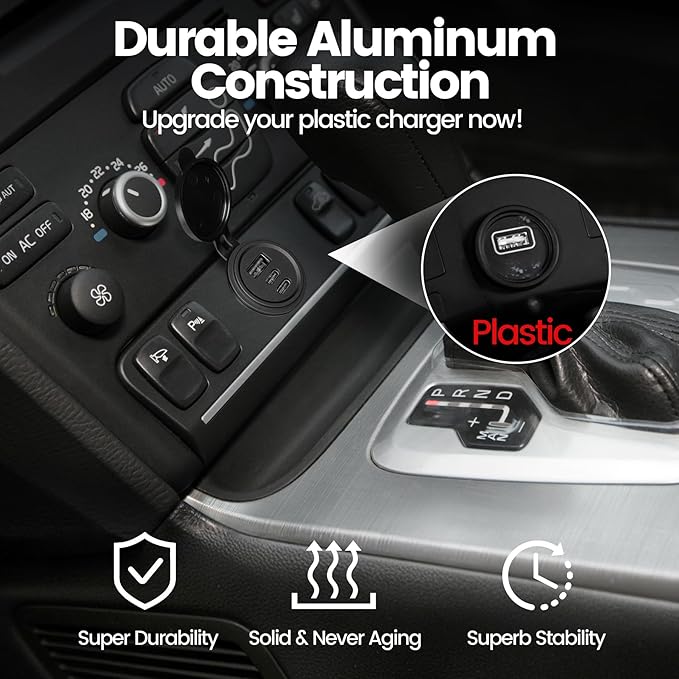 72W 3 Port 12V USB Outlet, Dual PD3.0 Type-C & QC3.0 Aluminum Car Charger, Multi Port USB Power Socket Cigarette Lighter Replacement for RV Camper Truck Boat Golf Cart (1Pcs)