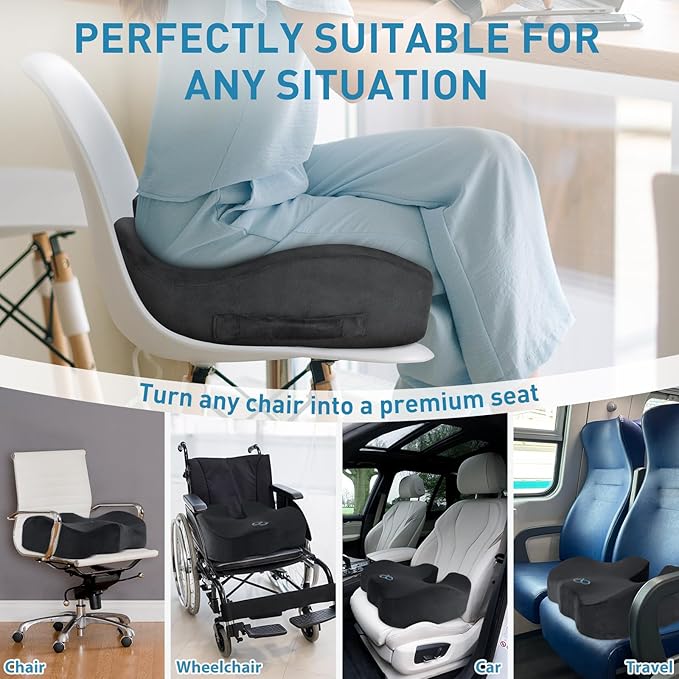 BlissTrends Seat Cushion,Thick Memory Foam Cushions for Office Chair, Car Seat, Airplane, Relieving Pressure Tailbone Sciatica Back Pain for Long Sitting Office Workers, Car Drivers 4.7in Thick Grey