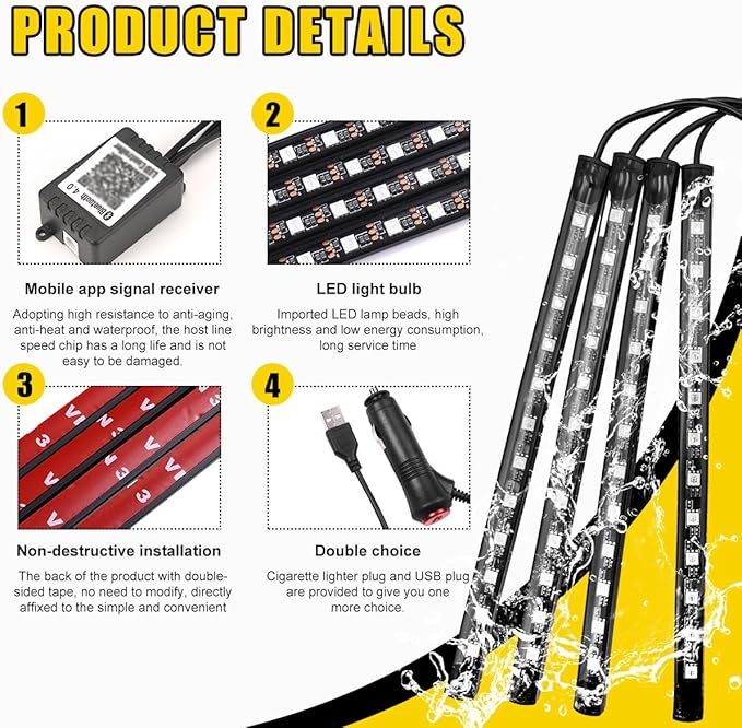 povtii Car Led Interior Lights, RBG 48 LED Multicolor Music Auto Interior Strip Light with APP Control, Waterproof Lighting Lamp Kit Under Dash with Charger, Car Accessories (USB)