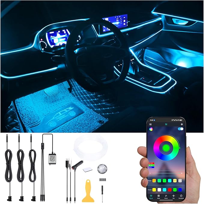 Car Atmosphere Light Kit 4m Fiber Optic RGB Multicolor Sound Active Music Sync Memory Function Bluetooth APP Control 64 Colors USB Car Interior Ambient Lighting Kit DC 12V