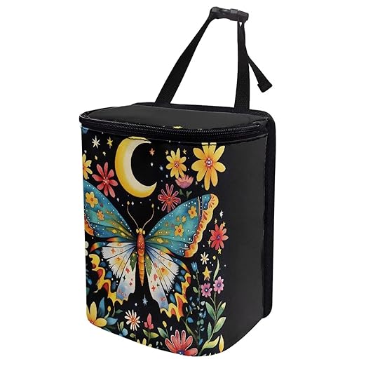 Moon Florak Butterfly Car Trash Can with Lid, Cute Leakproof Car Trash Garbage Bag Hanging Vehicle Trash Bin Small Portable Automotive Garbage Cans Organizer for Back/Front Seat/Console