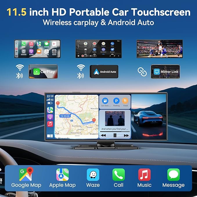 Carplay Screen for Car, Largest 11.5" Wireless Carplay & Android Auto Screen with 4K Dashcam / 1080P Rear Camera, Compatible with A-pple Carplay, Bluetooth, FM, TF Card, Voice Control, Navigation