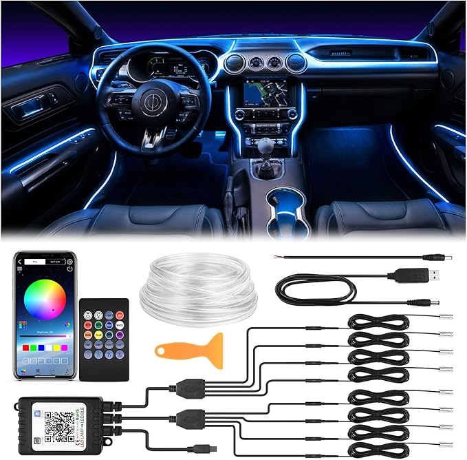 Interior Car LED Strip Lights 400 inches Fiber Optic tubing USB Powered RGB 8 in 1 Car Neon with Wireless APP and Remote Control, Ambient Lighting Kits 16 Million Colors,Sync to Music