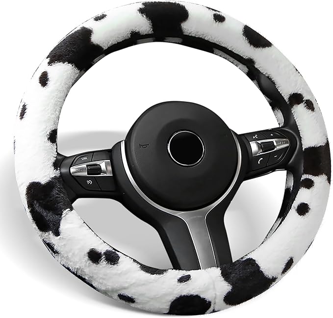 ALEMODR Plush Cow Print Steering Wheel Cover Fluffy Winter Warm Universal 15 inch for Women Girls
