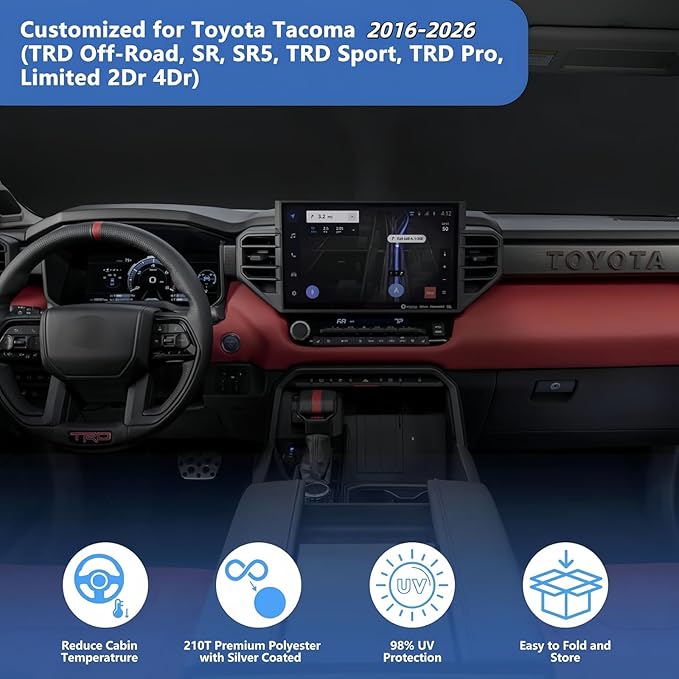 for Toyota Tacoma Windshield Sun Shade 2026 2025 2024-2016, Car Window Sunshade Fit Tacoma 2Dr 4Dr Pickup Foldable Limited 2Door 4Door Truck Sun Visor Protector for Toyota Tacoma Windshield