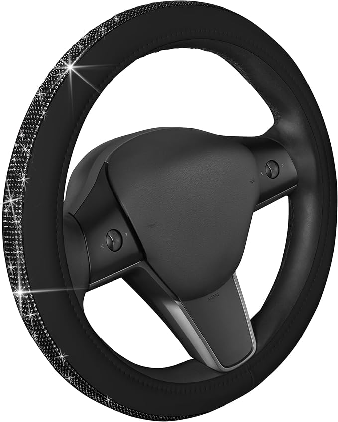 Carbella Leatherette Crystal Bling Steering Wheel Cover for Car SUV, Glitter Sparkle Rhinestone Cute Car Accessories for Women Universal Fit Standard Size (Fits 14.5"-15") - Black w/Black Bling