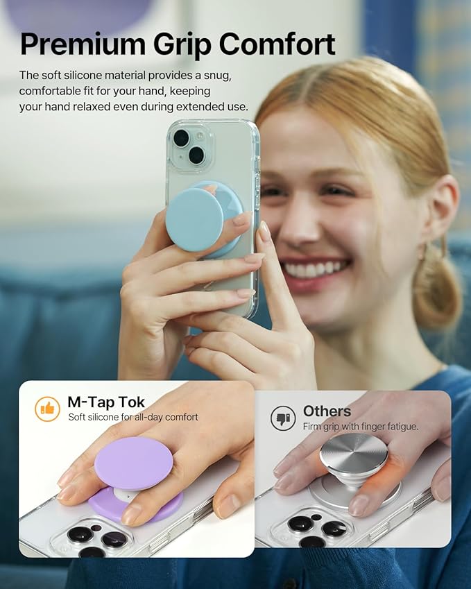 Sinjimoru for MagSafe Phone Grip, Soft Silicone Magnetic Finger Grip for iPhone 17/16/15/14/13, Comfortable One-Touch Holding, M-Tap Tok Blue