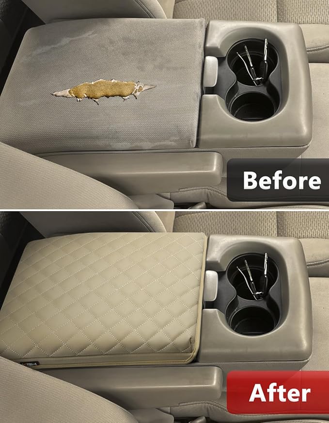 KBH Center Console Armrest Cushion Cover for Ford F150 2004 2005 2006 2007 2008 2009 2010, 40/20/40 Jump Seat, Vinyl Leather Trim, Anti-Scratch, Beige