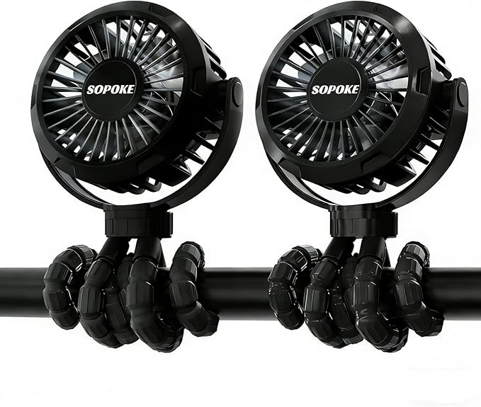 2PCS Mini Portable Baby Stroller Fan,3 Speed Personal Handheld,Battery Operated Rechargeable 360° Flexible Tripod Cooling, Suitable for Car Seat Crib Treadmill Golf Cart Travel (Black-Black)