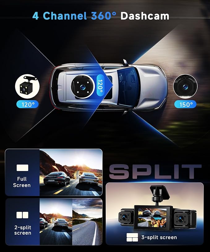 360° Dash Cam Front and Rear Inside Left Right, 3 Inch 4 Channel FHD 1080P Dash Cam for Cars, IPS Dashcams with Night Vision, Loop Recording, 24H Parking Mode Monitor, Reverse View