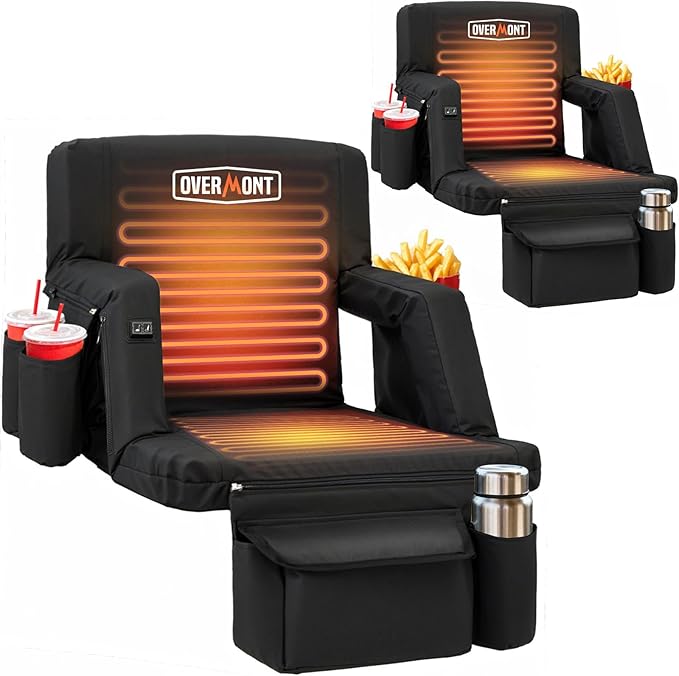 Overmont Heated Stadium Seat with Back Support – 3 Heat Levels, Dual-Zone Independent Control, 6-Position Recliner, Wide Cushion Dual Hooks Multiple Pockets – Bleacher Chair for Sport Camping Concerts