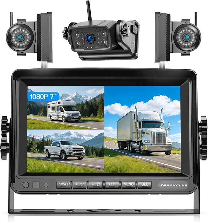 ZEROXCLUB Magnetic Wireless Backup Camera: 7" HD 1080P DVR Monitor with 1 Rear View, 2 Side View Cameras, IR Night Vision, Portable Rechargeable Camera for RV/Trailer/5 Wheels/Camper BC703