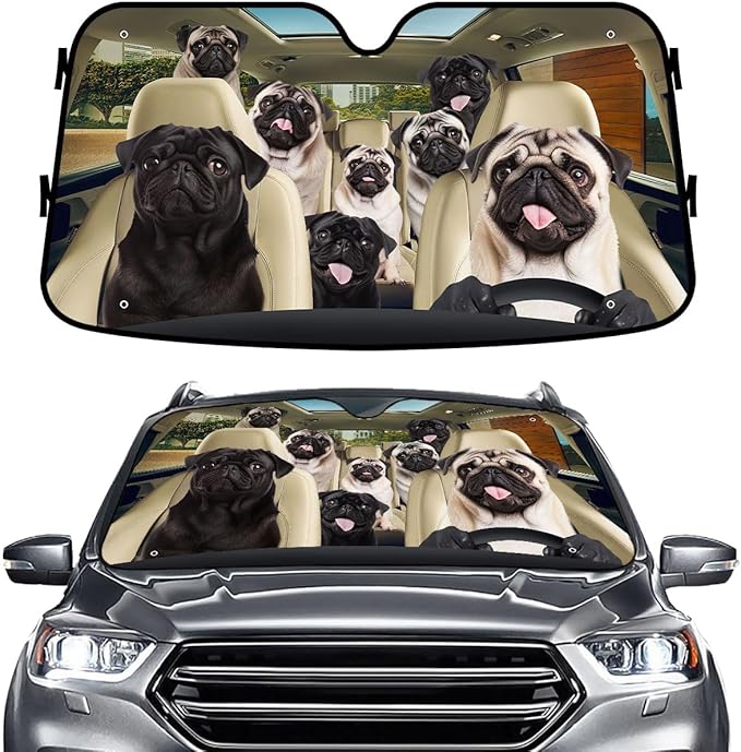 GENANY Cute Pug Dog Family Funny Windshield Sun Shade for Car SUV Truck (55x30 Inches), Sun Shade Windshield, Shades for Front Windows, Protector Blocks UV, Spring Car Decor