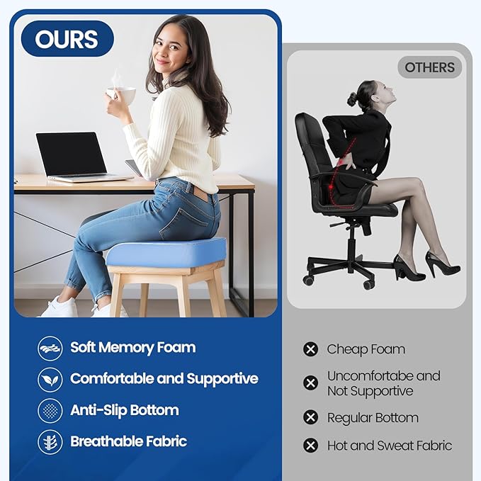 Seat Cushion for Tailbone Pain Relief, Office Chair Cushion, Memory Foam Large Chair Cushion with Non-Slip Cover for Soft Support at Office Chair, Car Seat, Airplane Light Blue/Large