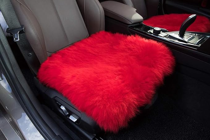 Winter Warmth: Universal Sheepskin Seat Cushion Cover - Natural Wool, for Cars, Trucks, SUVs & Vans - Cozy & Stylish Driving Companion Front Red