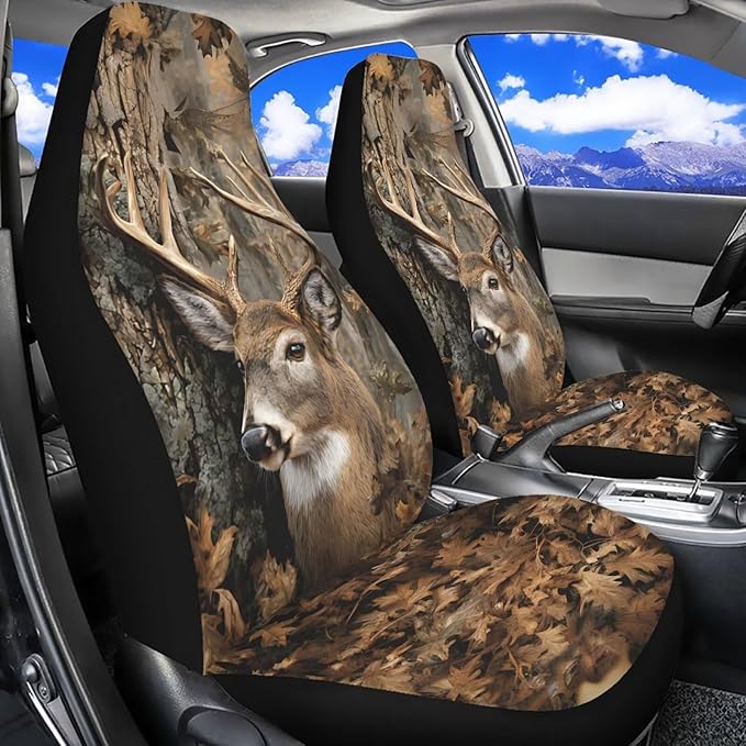 Car Seat Covers Front Seats Only Easy Installation Auto Interior Accessories 2 Pcs Set, Camo Hunting Deer Car Seat Covers Protector Suitable for Cars, SUV and Trucks, Easy to Install