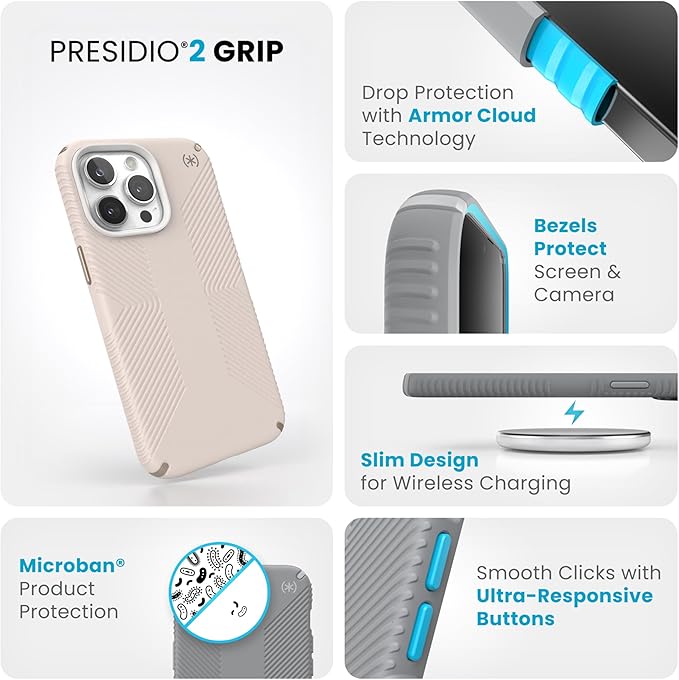 Speck iPhone 15 Pro Max Case - Drop Protection, Grip - Scratch Resistant, Soft Touch, 6.7 Inch Phone Case - Presidio2 Grip Bleached Bone/Heirloom Gold/Hazel Brown