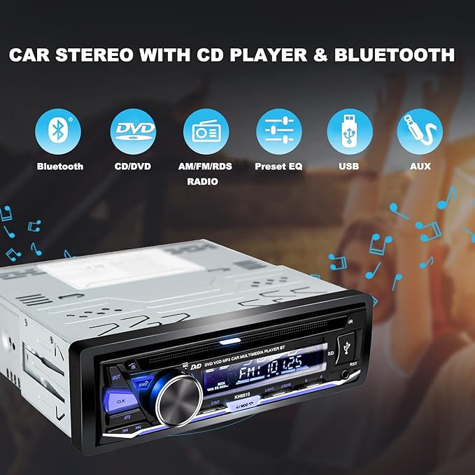 Single Din Car Stereo with CD/DVD Player | Bluetooth | FM/AM/RDS Radio | USB SD AUX Audio Receiver