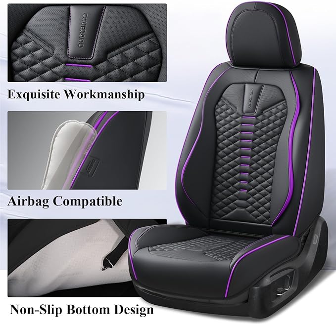 Coverado Leather Seat Covers, Car Seat Covers Full Set, Nappa Leather Seat Covers for Cars, Car Seat Protectors Waterproof, 5 Seats Black&Purple Automotive Seat Covers Fit for Most Cars Trucks