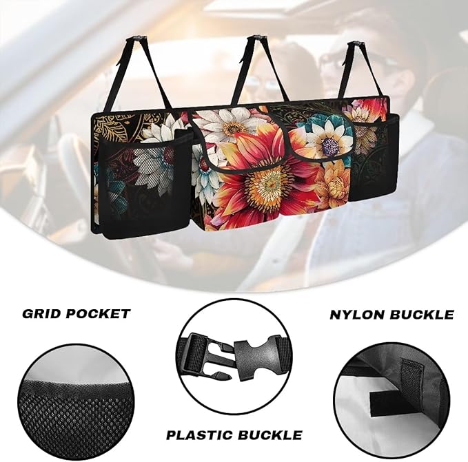 Mexican Dahlias Car Trunk Organizer Floral Flowers Car Back Seat Organizer with 4 Storage Bags,Car Accessories