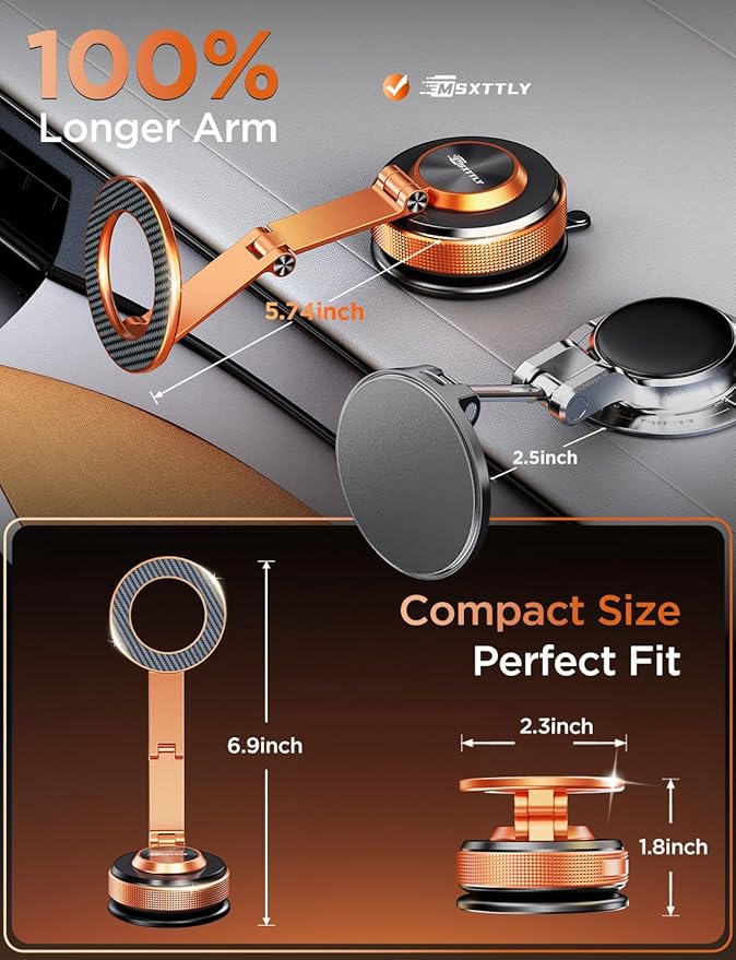 MSXTTLY Magnetic Car Phone Holder – 360° Car Phone Mount with Metal Long Arm & Extended Reach 2026 Tesla Phone Holders for Your Car for iPhone 17 Pro Max 16 15 14 13 12 Plus, Orange