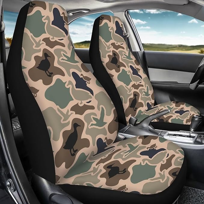 Car Front Seat Covers Elastic Fabrics Universal Duck Camo Print Car Seat Covers Protector Easy to Install Automotive Accessories Suitable for Cars, SUV and Trucks, Set of 2