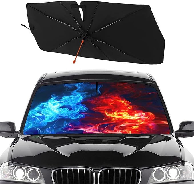 Socira Red Fire Blue Ice Car Windshield Sun Shade Umbrella Foldable Sunshade for Front Window Auto Windshield Sunshade Covers Car Accessories Protect from Sun Rays Heat 57'' X 30''