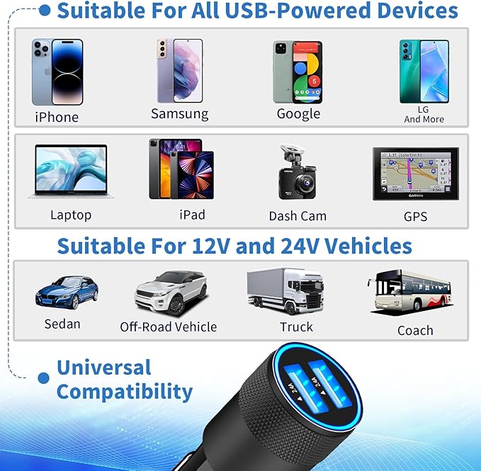 【MFi Certified】iPhone Car Charger Fast Charging, Rombica 4.8A Dual USB Smart Power Cigarette Lighter USB Car Charger with 2Pack Lightning Braided Cable for iPhone 14 13 12 11 Pro XS Mini XR X SE iPad