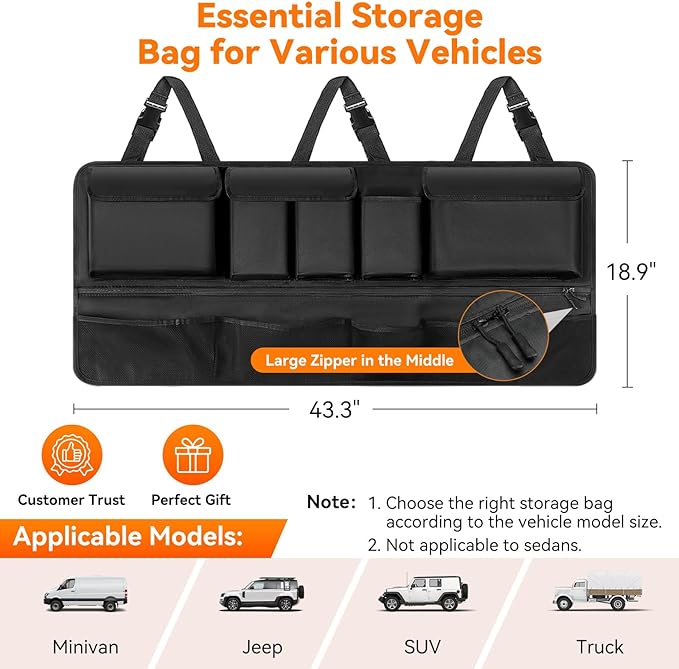 Trunk Organizer for SUV, 43" x 19" Large Capacity Car Organizers and Storage, Backseat Hanging Storage Bag with 10 Pockets, Adjustable & Waterproof Car Interior Accessories for SUV Truck MPV