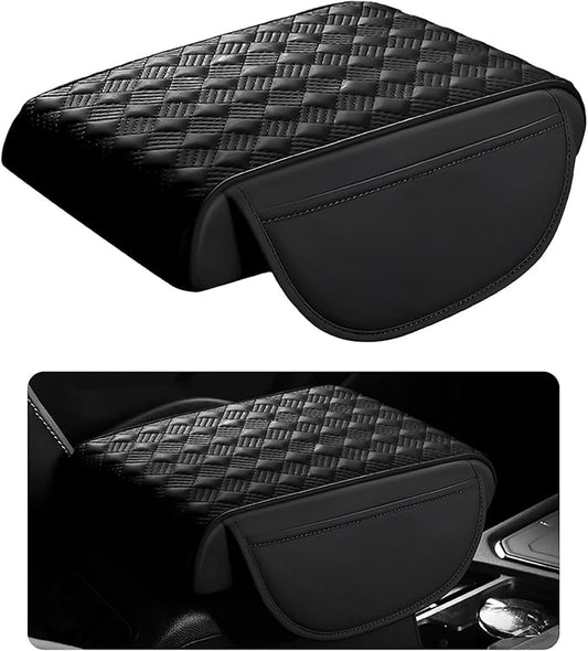 Car Armrest Cushion, 12.2"×8.3" Leather Auto Memory Foam Center Console Pad with Storage Pocket, Waterproof & Anti-Scratch Elbow Pillow Armrest Seat Box Protector, Universal Fit (Black)